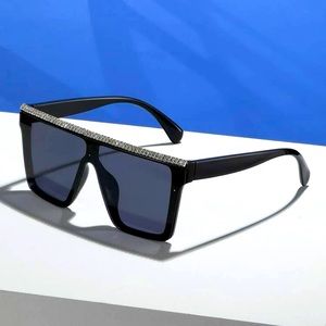 New Diamond Rhinestone Large Shield Flat Top Black Sunglasses